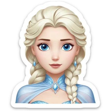 Cinematic Realistic Elsa Portrait, depicted with lifelike skin texture, soft natural lighting, and intricately detailed platinum blonde hair styled elegantly. Her striking, expressive blue eyes exude confidence and grace, complemented by a serene and regal expression. She is dressed in her signature icy attire, with shimmering fabric textures and delicate folds that catch the light beautifully. The portrait features a soft, enchanting glow with a cool, radiant finish, capturing the essence of timeless elegance in a realistic and painterly style, evoking a sense of depth and authenticity. sticker