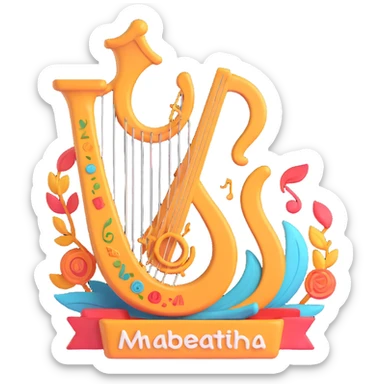 A 3D emoji of a colorful lyre surrounded by vibrant, swirling shapes and various artistic icons, with the text "МБУ центр досуга" integrated into the design, in the style of Microsoft's 3D Fluent Emojis. sticker