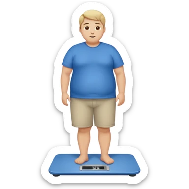 A young male with short dark-blonde hair and medium-light skin, only slightly overweight. He stands on a scale with a relieved, happy expression after noticing weight loss. He wears blue cloth, his posture relaxed with a gentle smile. sticker