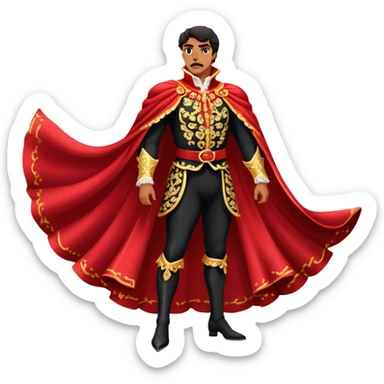Spanish Matador – Cinematic Realistic Spanish Matador, portrayed in an ornate traje de luces with a flowing red cape, standing poised in a classic bullring with swirling dust and dramatic light, his intense expression and elegant stance capturing both bravery and artistry. sticker