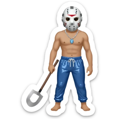 Jason Voorhees with white hockey mask, blue-gray sequin baggy pants, shirtless with necklace sticker