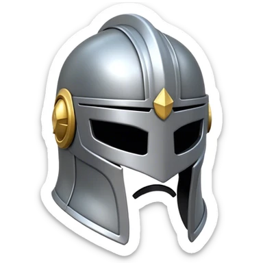 Clash of Clans aesthetic: Cinematic heroic Steel full face Helm Emoji, rendered in a 3D vector-style similar to standard emojis with minimal shading and bold, simplified shapes. A compact, isometric helmet crafted of shining steel with intricate engravings and a protective visor, softly glowing with a noble warrior charm. Simplified yet unmistakably iconic, highly detailed and consistent, glowing with a soft radiant gleam and high polish. Stylized with a touch of chivalric tradition and a soft glowing outline, capturing the essence of a stalwart battle helm with a friendly, playful manner! sticker
