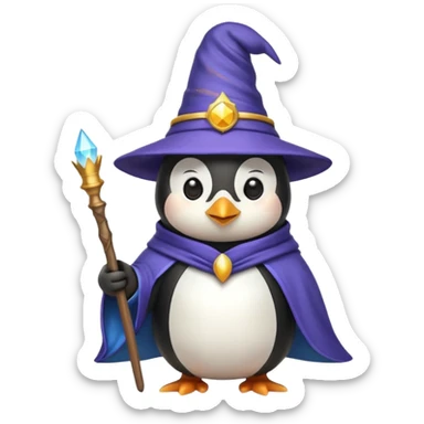 penguin dressed as a wizard with a pointy hat and a magic wand, fun emoji style sticker