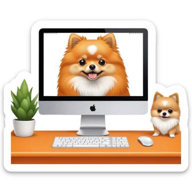 iMac monitor with a Pomeranian dog photo displayed on screen sticker