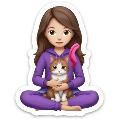 a calm girl with long wavy brown hair, brown eyes, cozy purple clothes, sitting cross-legged, gently holding a tricolor cat (brown, white, and grey), iOS emoji style, gentle colors sticker