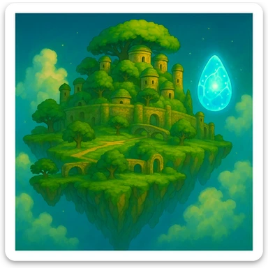 Add the princess's flying stone (levitation crystal) from 'Le Château dans le Ciel' to the scene, glowing and floating near Laputa, in the same Ghibli cartoon style. Do not include the princess. sticker