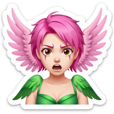 pink hair, pink wing fairy in green dress: anger sticker