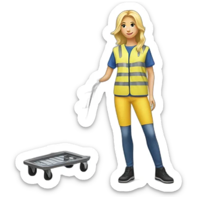 Ikea coworker blond woman blue stripes t-shirt and yellow security vest with trolley scan sticker