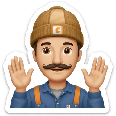 Woodworker thick mustache knit cap Carharttk shirt hand raised above head small eyes sticker