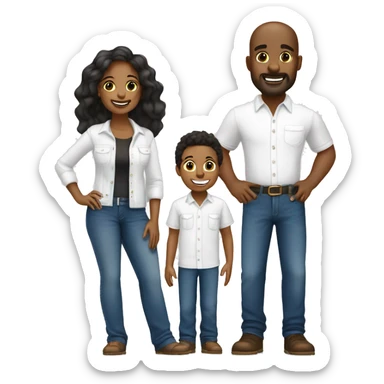 denim duo in white shirts for African American man  bold head and wife with 3 kids boy 10 years and girl 6 years and boy 1.5 years  sticker