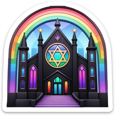 jewish synagogue temple in dark goth aesthetic style with black building and rainbow tint glass windows and star of david sticker