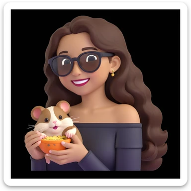 modern clean cheerful emoji of a young woman with medium skin tone, long wavy dark brown hair, black off-shoulder top, smiling warmly, playful hamster with tiny round sunglasses on her shoulder munching a seed, soft neutral gradient background, charming confident style sticker