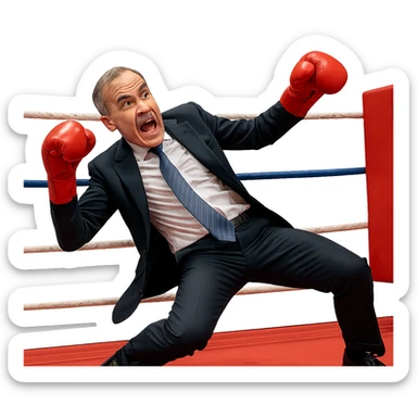 Mark Carney, former Bank of England governor, performing a boxing rope-a-dope move, energetic pose, gloves up, in a boxing ring, expressive face, business attire with boxing gloves, dynamic action, clear background sticker