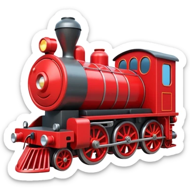 A 3D cartoon red train engine with headlights and wheels visible, realistic reflections, Memoji-style. sticker
