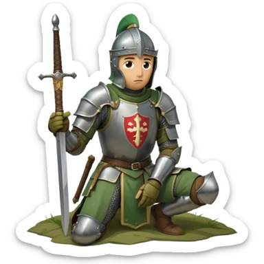 A lone medieval knight in a green worn armor kneels. His helmet is closed, hiding his face, conveying silence, exhaustion and contemplation. A long sword is planted in the ground beside him, its hilt resting near his gloved hands as if he is praying or resting after battle. sticker