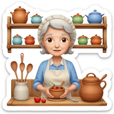 cartoon Apple iOS emoji style rural elderly woman, pastel colors, Chilean wooden kitchen background, clay pots, warm light, detailed and clean vector art sticker