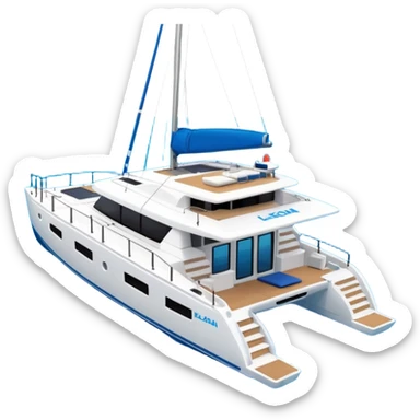 a lagoon 42 catamaran with no wording on the boat and an i message chat bubble icon coming out the top of the boat  sticker