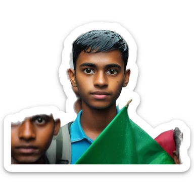 A 20-year-old boy stands on the streets of Dhaka city in the rain with a Bangladeshi flag in his hand. Behind hundreds of students are standing with the flag of Bangladesh sticker