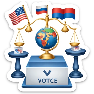 icon featuring podium with a speaker,russian and american flags, and voting ballots. The design includes a globe and scales of justice in the background, representing governance, global affairs, and political theory. Transparent background emphasizes civic engagement and policy. sticker