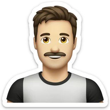a profile picture of a happy white guy with long dark brown straight hair a moustache and a black t-shirt sticker