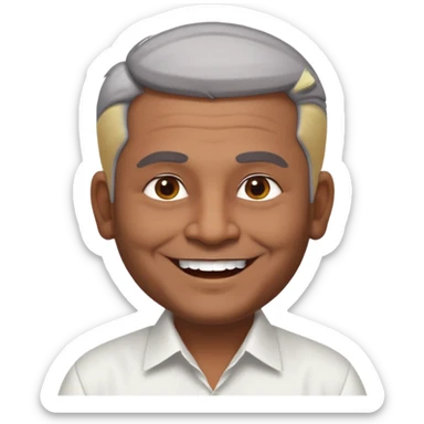 50 yr old indian man, dark skin, grey hair, big smile, white teeth, chubby, no moustache, clean shaven, young style hair, hair brushed back, 5 oclock shadow, bindy on forehead, dress shirt sticker