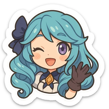 chibi style Gwen from League of Legends, only head, right eye purple, one hand waving with glove, cheerful and friendly sticker