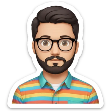 a 30-year-old man with light skin, medium solid build, wide face, soft cheeks, rounded jawline, neutral relaxed expression, short dense full beard, wavy voluminous brown-black hair at the front, large rectangular black thick frame glasses, colorful button-up shirt open showing white t-shirt sticker