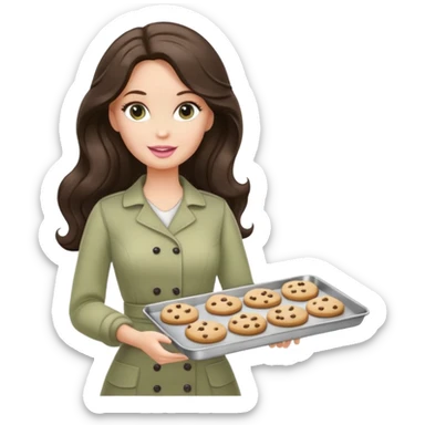 A white Barbie girl with long dark brown wave hair in a pale olive clothes holds a Baking tray with cookies sticker