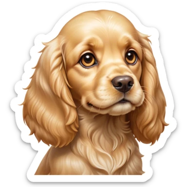 Cinematic Cute Gold Cocker Spaniel Portrait Emoji, Head tilted playfully and inquisitively, showcasing a silky, golden coat with a natural sheen, round, sparkling brown eyes filled with curiosity, Simplified yet irresistibly adorable features, highly detailed, glowing with a warm, friendly glow, high shine, affectionate and lively, stylized with a touch of whimsy, bright and endearing, soft glowing outline, capturing the essence of a mischievous yet loving pup, so playful it feels like it could bound out of the screen and into your arms! sticker
