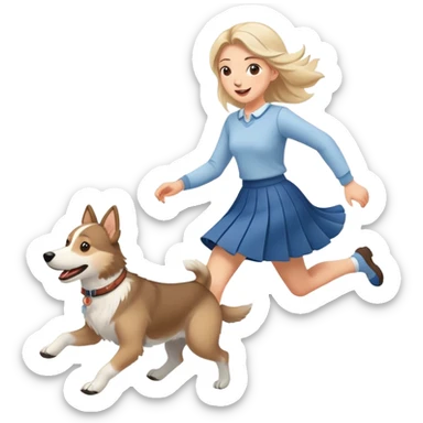 A beautiful girl with fair skin wearing a skirt happily chases the Alaskan dog sticker