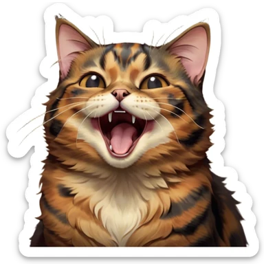 Cinematic Cute Yawning Tortoiseshell Cat Portrait Emoji, Head slightly tilted with a wide, adorable yawn and half-closed, dreamy eyes, featuring a warm, mottled fur of rich browns and blacks, simplified yet irresistibly cute, highly detailed, glowing with a soft, slumbering radiance, high shine, exuding a relaxed, drowsy charm, styled with a gentle, soft glowing outline, capturing the essence of a tortoiseshell cat in a precious moment of sleepy delight! sticker