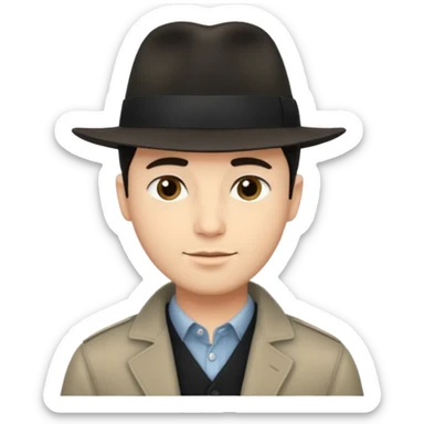 A light-skinned man with short dark hair, and a black fedora, with an oval face and calm look. sticker