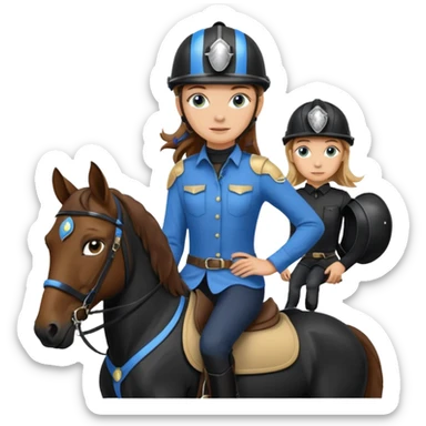 A teen girl with brown hair and blond highlights and blue eyes and tall on top of a black horse sticker