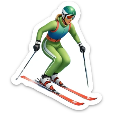 An icon featuring snowy peaks, pine trees, and a picturesque mountain landscape with a skier racing down a snow-covered slope. The sky is blue with soft clouds, capturing the thrill and beauty of alpine skiing. Transparent background highlights the excitement and serenity of winter sports. sticker