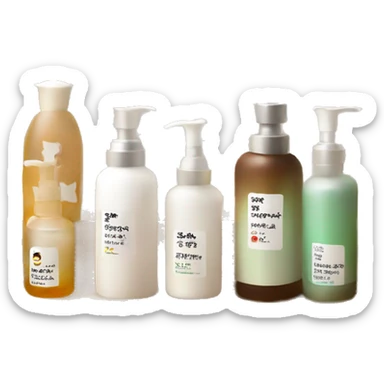 korean skincare bottles standing on wooden bathroom tray sticker
