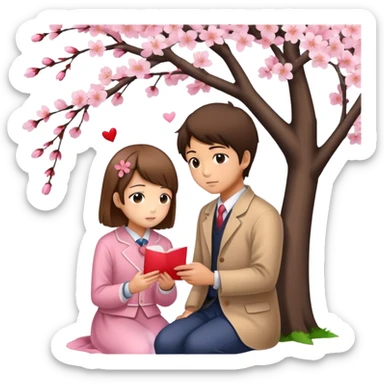Japanese high school boy confessing love to a girl under cherry blossom tree with love letter sticker