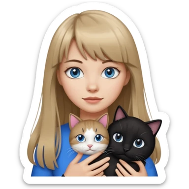 Apple-style emoji sticker of a young woman with long dark blond hair and bang, blue eyes , holding a cat black and white sticker