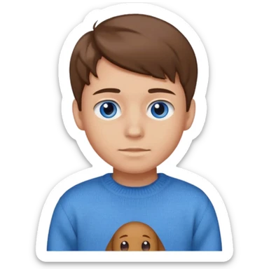 light-skinned, slightly broad teenage boy with brown hair styled slightly over face, blue eyes, wearing a sweater and jeans, emoji style, no background sticker