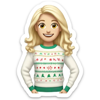 Happy white woman with blonde hair and white christmas jumper  sticker