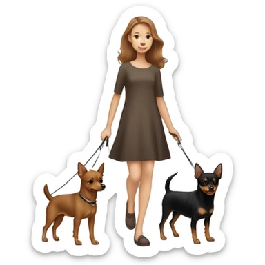 A light brown haired girl, walking one mini black and tan miniature Pinscher and one bigger, fluffy & light brown Spitz on the lead sticker