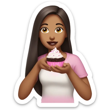 girl with pretty eyelashes and long dark brown hair and brown eyes and pink lips eating a cupcake  sticker
