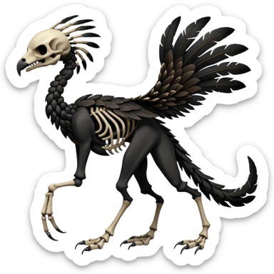 Rare realistic dark edgy evil tribal patterned feathered skeletal badass epic handsome gorgeous aesthetic black-skulled Vernid-Trico-species-Fakemon-creature by LiLaiRa, 4 legs, 1 tail, random markings, (full body) sticker