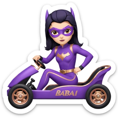 Hot full size real-appearance racing action BatGirl’s Lego feminine midnight-purple tight outfit sixty’s tv show 1992 stealthy retro sporty petite off-road pursuit hovering hover cruiser car rose gold accents (black hair,reclined and relaxed seating position and attitude) go kart  sticker