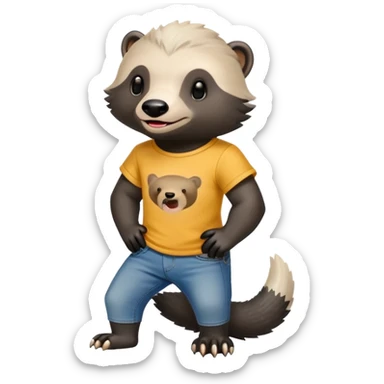 mischievous anthropomorphised honey badger in jeans and a t-shirt, playful expression sticker