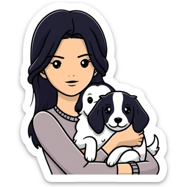 Kendall Jenner with long black hair holding a black Cane Corso dog sticker