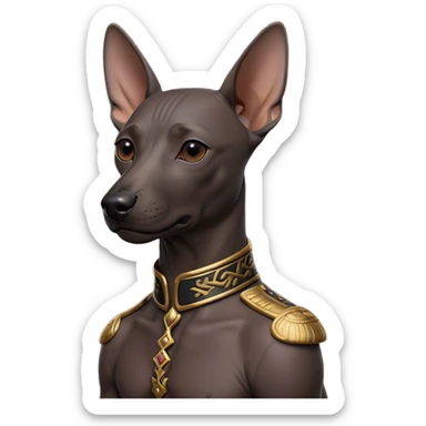 Cinematic Noble Xoloitzcuintle dog Portrait Emoji, Poised and regal, with a sleek, muscular build and smooth, hairless ebony skin accented by subtle wrinkles, deep-set soulful dark eyes, Simplified yet sharp and sophisticated features, highly detailed, glowing with a soft, dignified glow, high shine, intelligent and loyal, stylized with an air of ancient grace, focused and attentive, soft glowing outline, capturing the essence of a watchful and confident guardian, so majestic it feels as though it could stride out of the screen with effortless authority! sticker