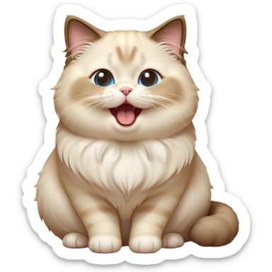 Cinematic Cute Chubby Ragdoll Cat Portrait Emoji, Head tilted playfully and yawning, round and plump body with soft, silky fur in a mix of light and darker points, Simplified yet adorable features, highly detailed, glowing with a warm, friendly glow, high shine, curious yet calm, stylized with a touch of whimsy, bright and endearing, soft glowing outline, capturing the essence of a mischievous yet loving and lazy kitty, so cute it feels like it could stretch out of the screen and cuddle! sticker