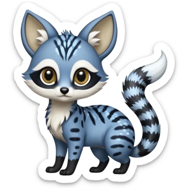 Snowy frosty Snow-lane chibi big-eyed sparkly-eyed animesque derpy cute graceful dark-blue-pointed Civet-Genet-Numbat-Ocelot-Ocicat-hybrid-fusion, full body, tufted short tail, long big ears, short muzzle, whiskers, random markings sticker