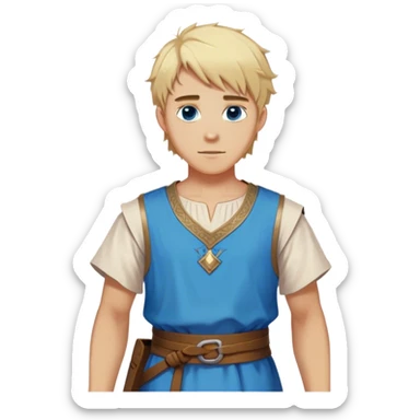 medieval summer outfit worn by a DnD themed fantasy character. basic lightweight sleeveless tunic with a decorative trim along the edges. clothes only above the waist. The clothes full waist. The character's haven't arms. character is blonde hair, blue eyes, short messy hair, white-skinned man. sticker