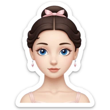 Realistic Ballerina Portrait, with porcelain-like skin featuring a natural rosy flush, illuminated by soft lighting that highlights the gentle contours of her face. Her Brunette hair flows in soft.Her deep blue eyes radiate framed by arched brows and long lashes. sticker